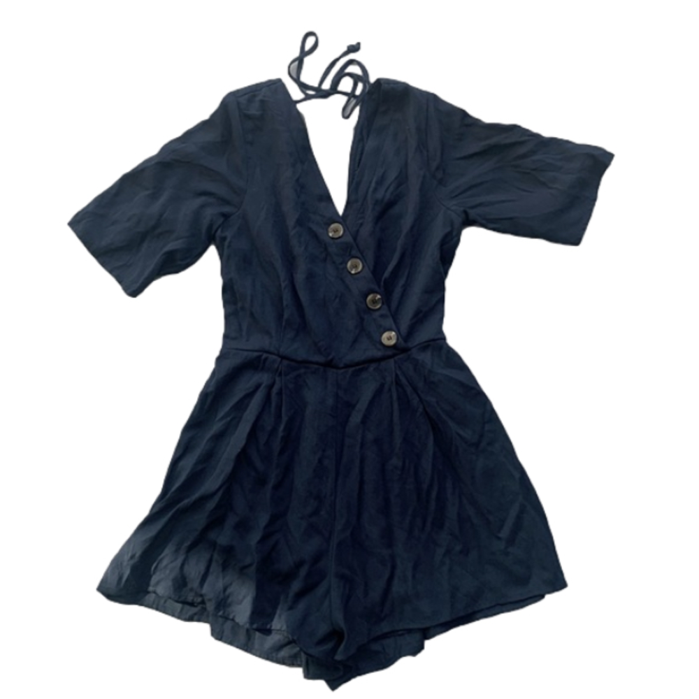 Altar'd State Navy Short Sleeve Tie Back Button Detail Lined Romper Small